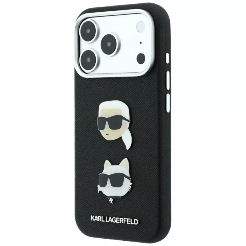 Karl Lagerfeld KF003249 Saffiano with Karl & Choupette Heads Pins & Logo capa para iPhone 18 Pro / 17 Pro, preta