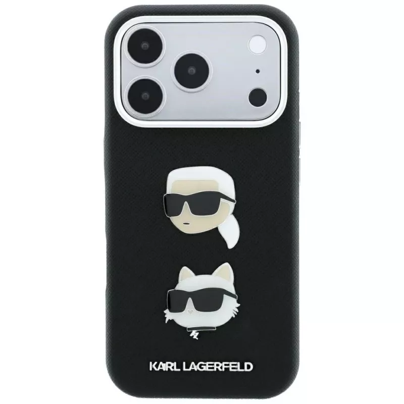 Karl Lagerfeld KF003249 Saffiano with Karl & Choupette Heads Pins & Logo capa para iPhone 18 Pro / 17 Pro, preta