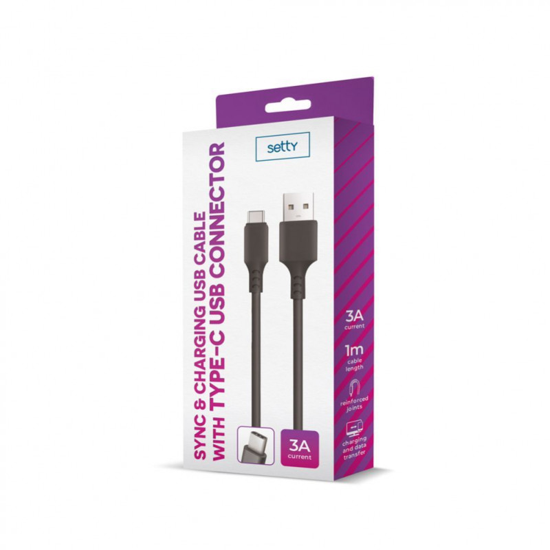 Setty cabo USB-A para USB-C, 1 m, 3 A, preto