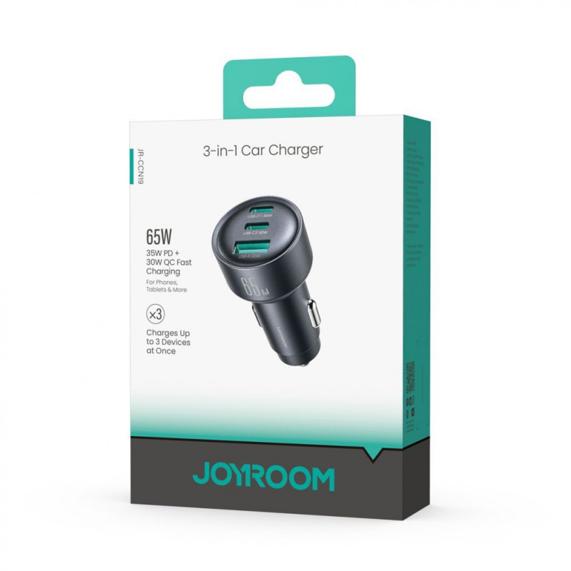 Joyroom JR-CCN19 carregador auto, 65 W, 2x USB-C + USB-A, cinzento escuro