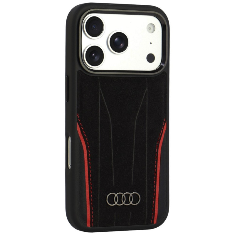 Capa Audi R8 Genuine Leather MagSafe em pele genuína para iPhone 18 Pro / 17 Pro, preta e vermelha (AUDI000239)