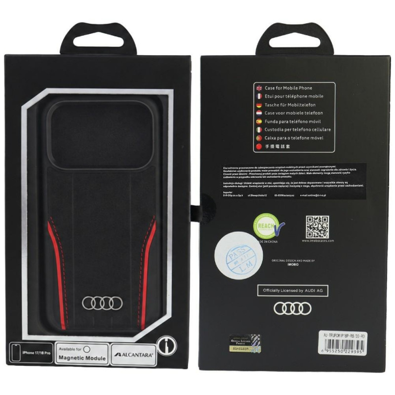 Capa Audi R8 Genuine Leather MagSafe em pele genuína para iPhone 18 Pro / 17 Pro, preta e vermelha (AUDI000239)