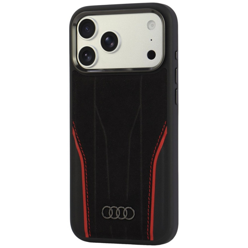 Capa Audi R8 Genuine Leather MagSafe em pele genuína para iPhone 18 Pro Max / 17 Pro Max, preta e vermelha (AUDI000240)
