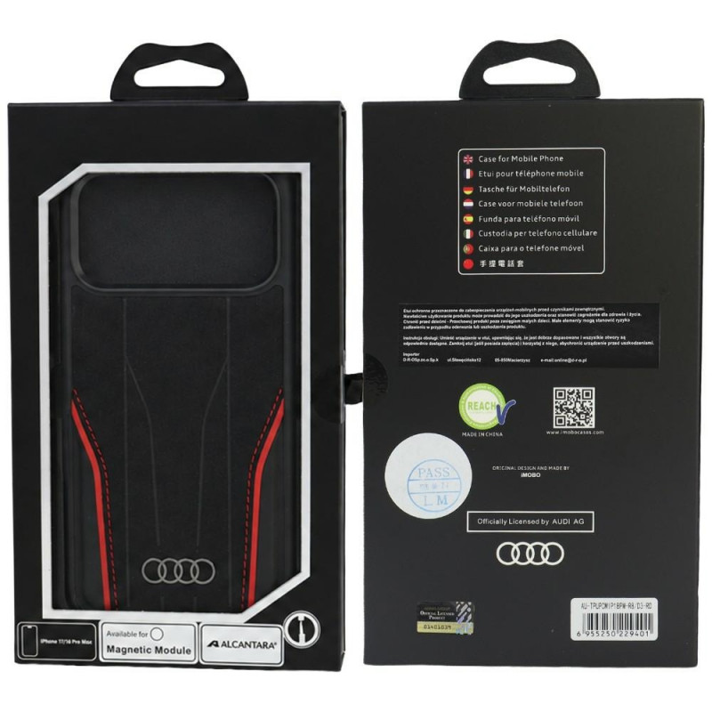 Capa Audi R8 Genuine Leather MagSafe em pele genuína para iPhone 18 Pro Max / 17 Pro Max, preta e vermelha (AUDI000240)