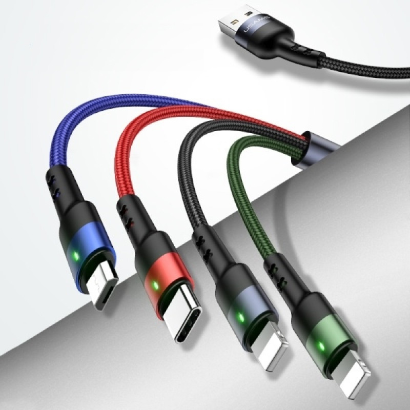 USAMS U26 SJ413USB01 (US-SJ413) cabo entrançado de nylon 4 em 1, 3 m, 2 A (2x Lightning/microUSB/USB-C)