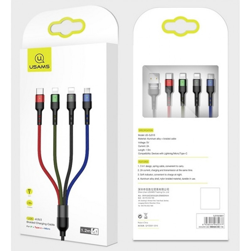 USAMS U26 SJ413USB01 (US-SJ413) cabo entrançado de nylon 4 em 1, 3 m, 2 A (2x Lightning/microUSB/USB-C)