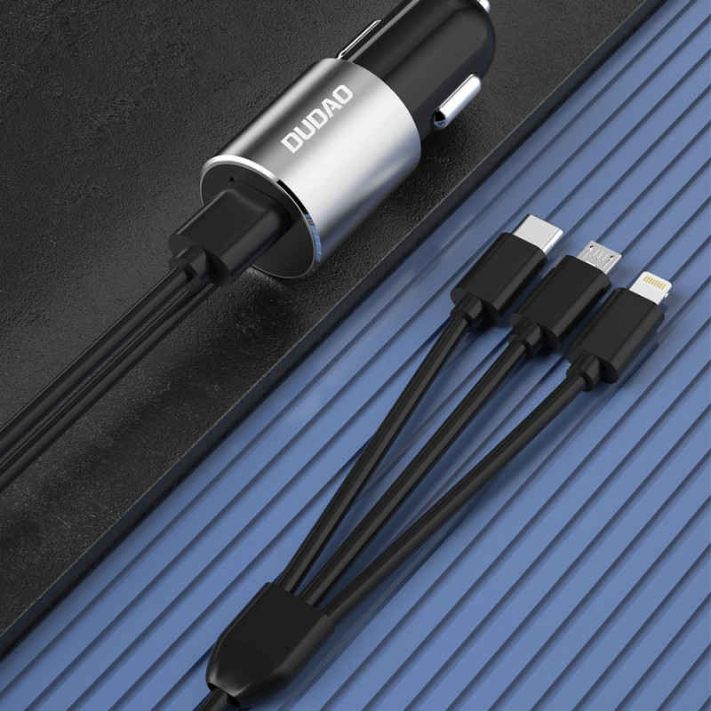 Dudao R5ProN carregador de carro com cabo 3 em 1 integrado (Lightning / USB-C / micro USB), 3,4 A, 1 m, preto