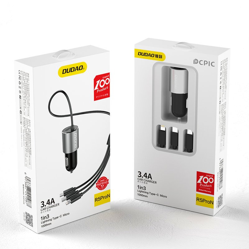 Dudao R5ProN carregador de carro com cabo 3 em 1 integrado (Lightning / USB-C / micro USB), 3,4 A, 1 m, preto