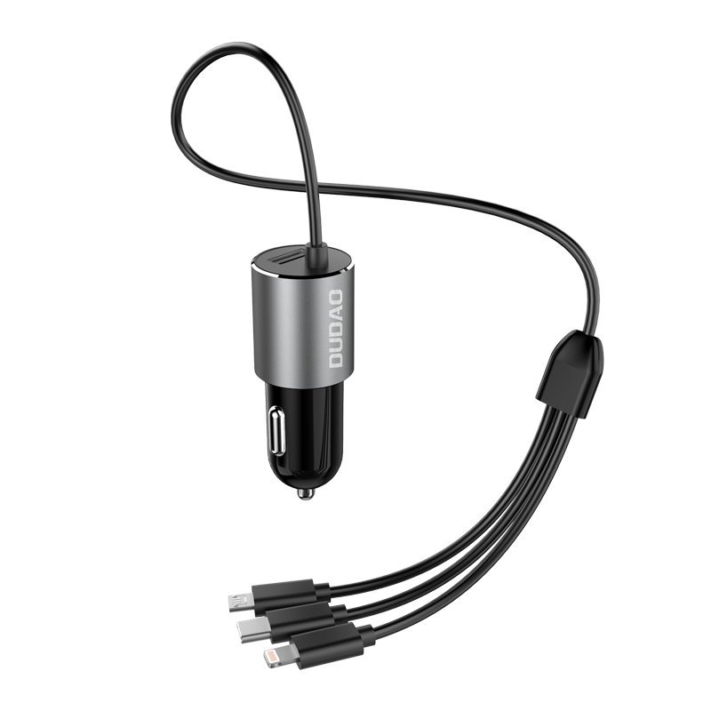 Dudao R5ProN carregador de carro com cabo 3 em 1 integrado (Lightning / USB-C / micro USB), 3,4 A, 1 m, preto