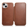 iCarer CE Oil Wax Premium Leather Folio Case capa tipo livro magnética para iPhone 14 Plus, MagSafe, castanha (AKI14220707-BN)