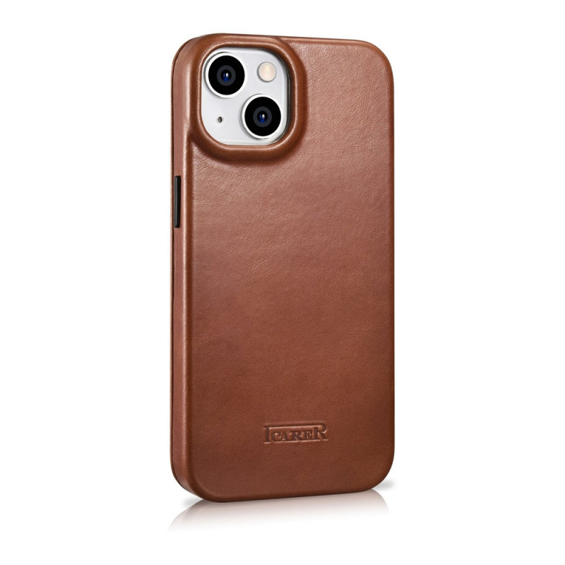 iCarer CE Oil Wax Premium Leather Folio Case capa tipo livro magnética para iPhone 14 Plus, MagSafe, castanha (AKI14220707-BN)
