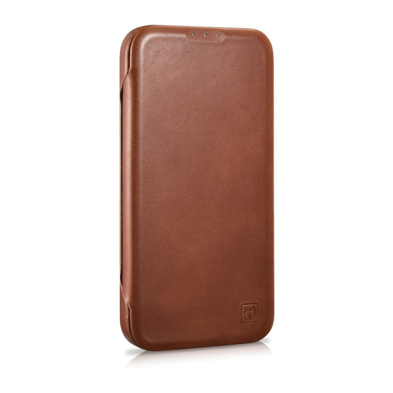 iCarer CE Oil Wax Premium Leather Folio Case capa tipo livro magnética para iPhone 14 Plus, MagSafe, castanha (AKI14220707-BN)