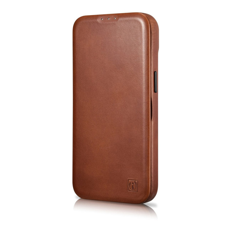 iCarer CE Oil Wax Premium Leather Folio Case capa tipo livro magnética para iPhone 14 Plus, MagSafe, castanha (AKI14220707-BN)