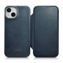 iCarer CE Oil Wax Premium Leather Folio Case capa tipo livro magnética para iPhone 14 Plus, MagSafe, azul (AKI14220707-BU)