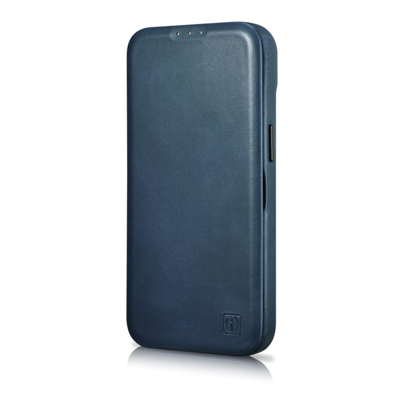 iCarer CE Oil Wax Premium Leather Folio Case capa tipo livro magnética para iPhone 14 Plus, MagSafe, azul (AKI14220707-BU)