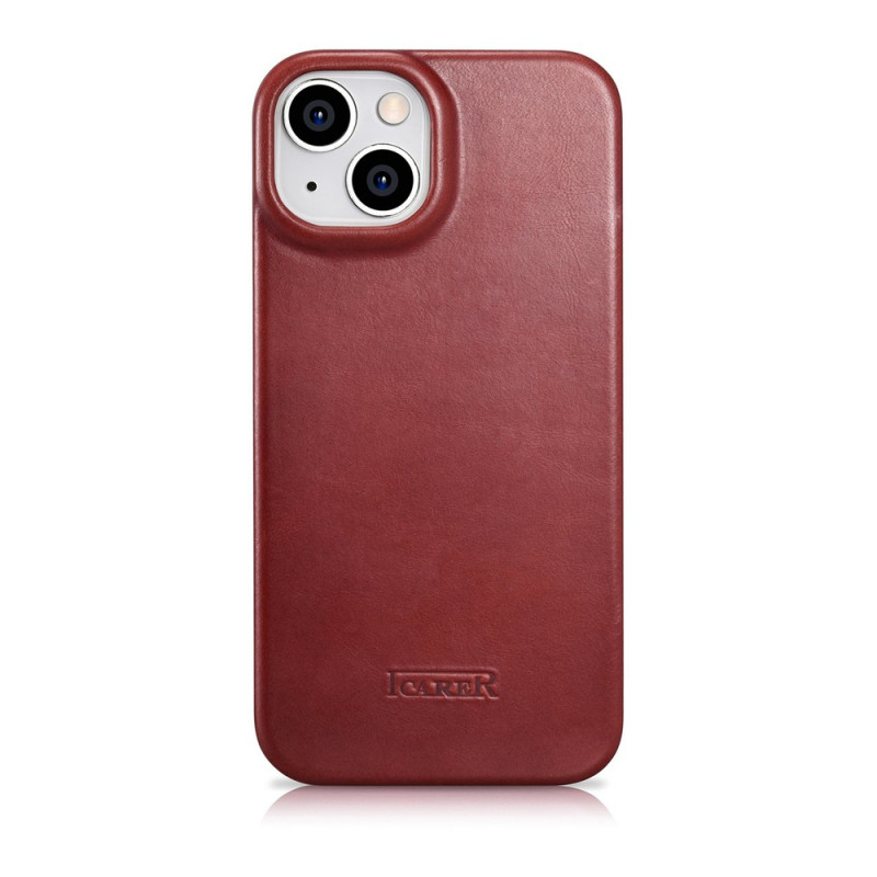 iCarer CE Oil Wax Premium Leather Folio Case capa tipo livro magnética para iPhone 14 Plus, MagSafe, vermelha (AKI14220707-RD)