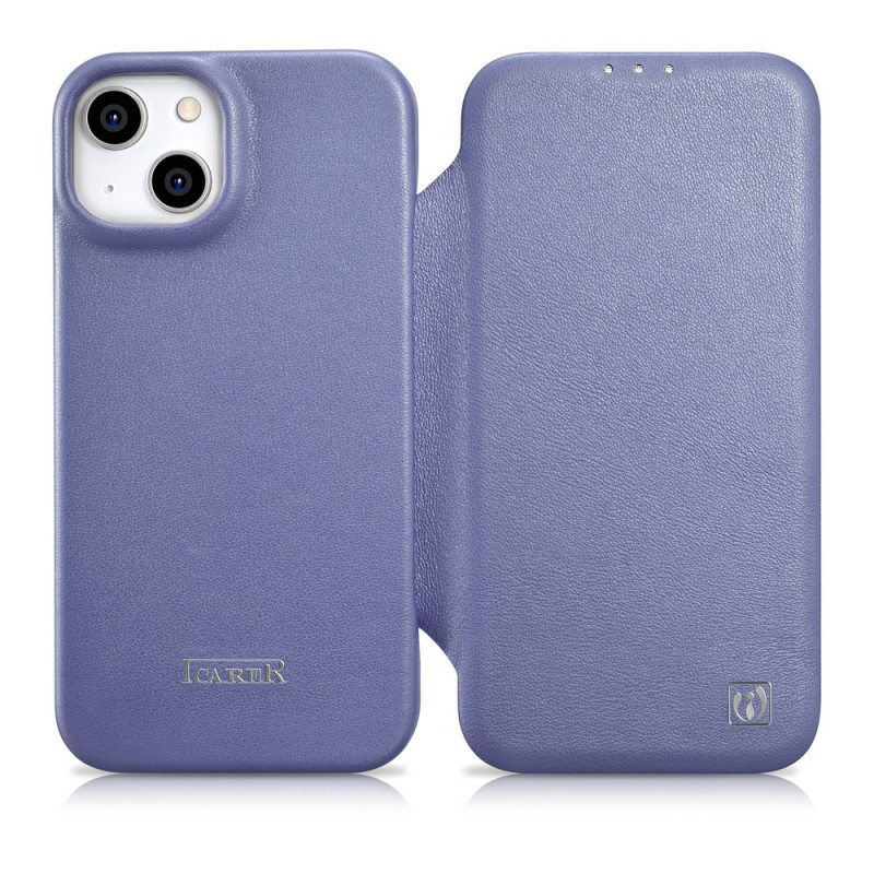 iCarer CE Premium Leather Folio Case capa tipo livro de pele para Apple iPhone 14 Plus / 15 Plus, MagSafe, roxa clara (ICR413)