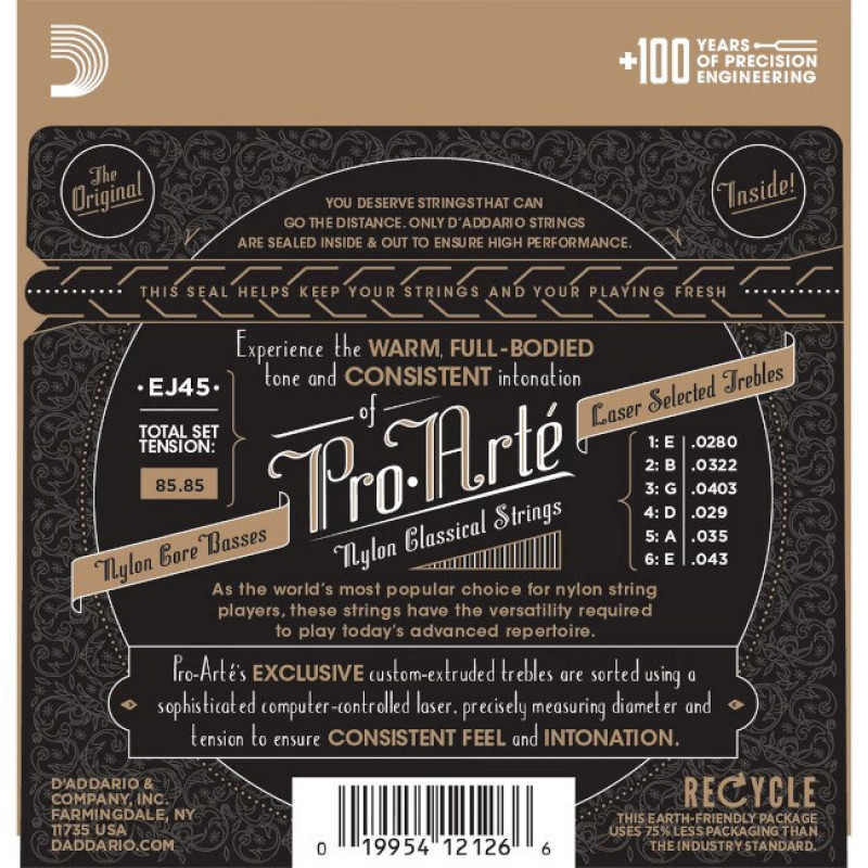D'Addario EJ45 Pro-Arté cordas de nylon para guitarra clássica, tensão normal, 28-43