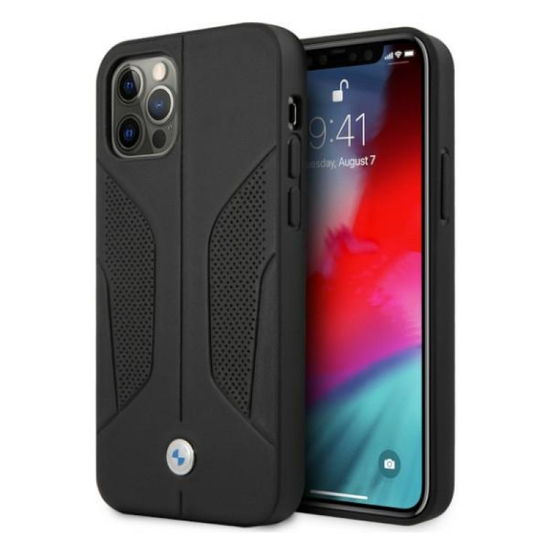 BMW BMHCP12MRSCSK Perforate Sides capa rígida de pele para Apple iPhone 12 / 12 Pro, preta
