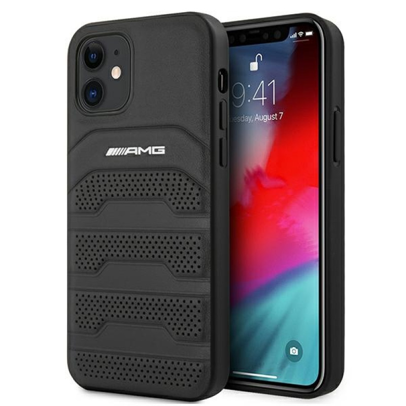 Capa rígida Mercedes-AMG AMHCP12SGSEBK Leather Debossed Lines para Apple iPhone 12 mini, preta