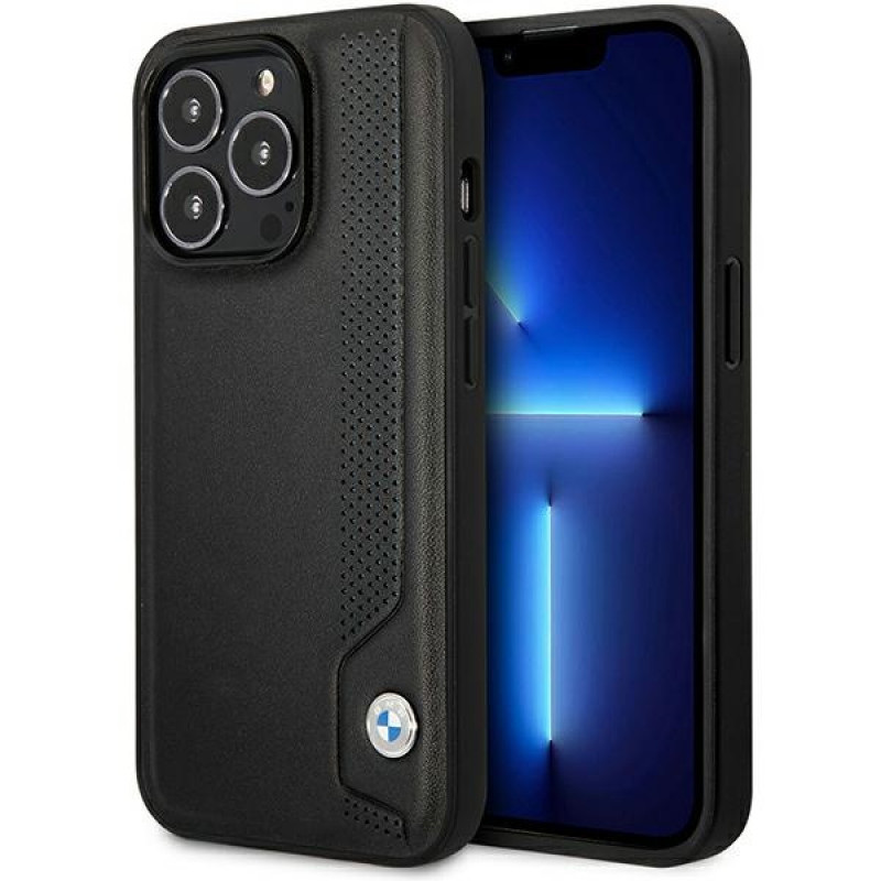 BMW BMHCP14L22RBDK Leather Blue Dots capa rígida para iPhone 14 Pro 6,1", preta
