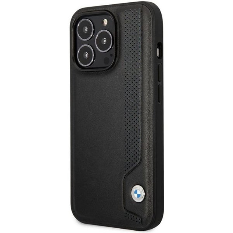 BMW BMHCP14L22RBDK Leather Blue Dots capa rígida para iPhone 14 Pro 6,1", preta