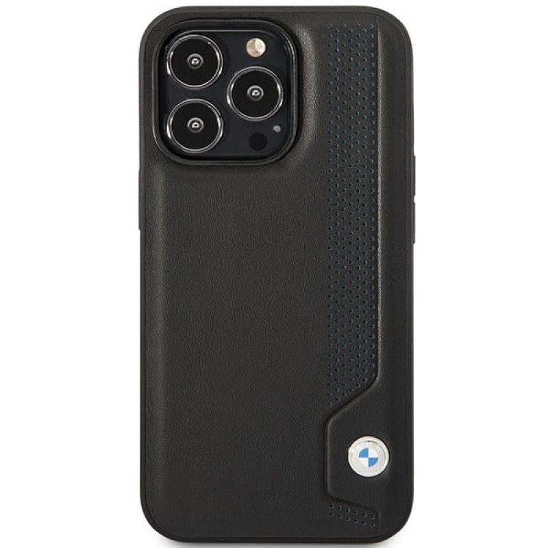 BMW BMHCP14L22RBDK Leather Blue Dots capa rígida para iPhone 14 Pro 6,1", preta