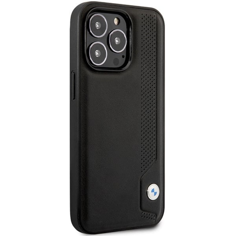 BMW BMHCP14L22RBDK Leather Blue Dots capa rígida para iPhone 14 Pro 6,1", preta