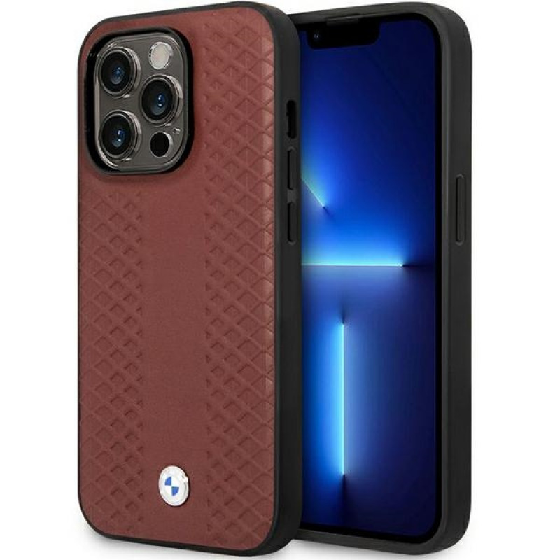 BMW BMHCP14X22RFGR Leather Diamond Pattern capa rígida para iPhone 14 Pro Max 6,7", bordeaux