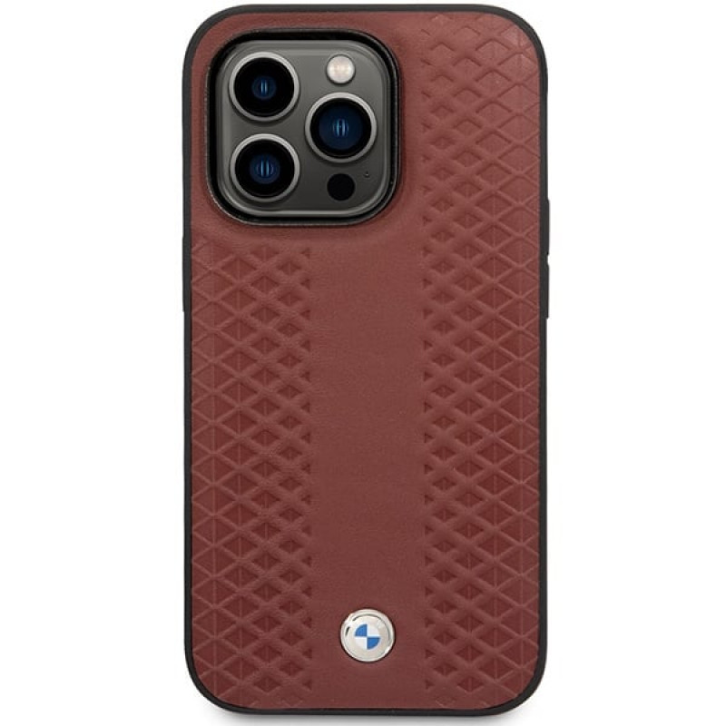 BMW BMHCP14X22RFGR Leather Diamond Pattern capa rígida para iPhone 14 Pro Max 6,7", bordeaux