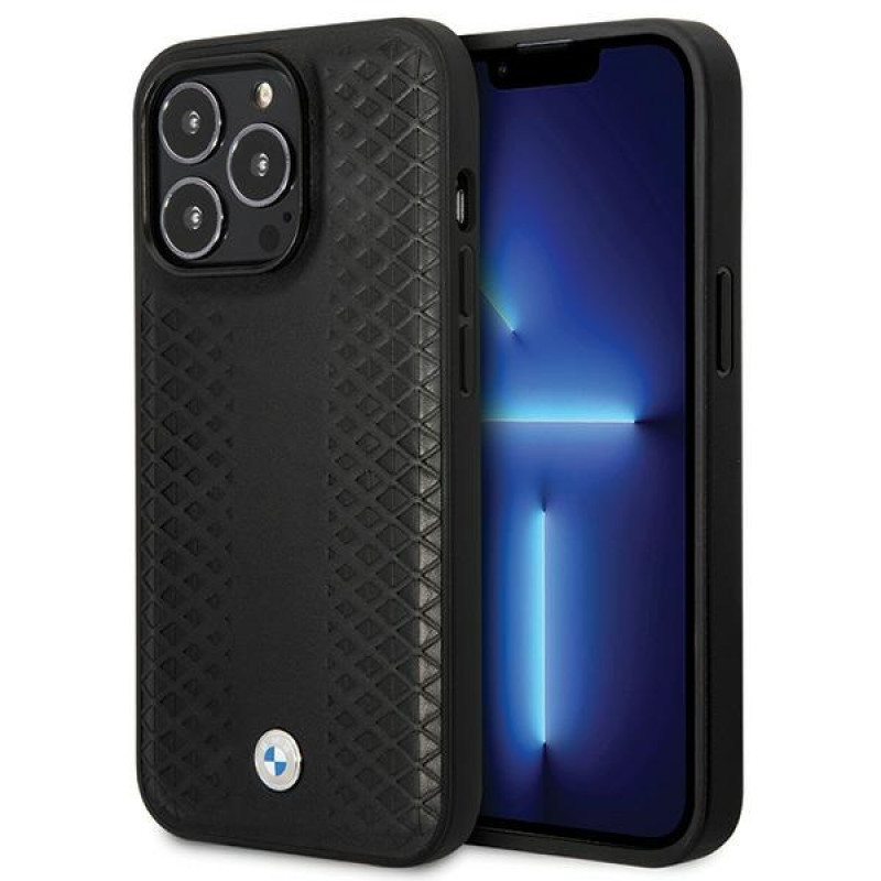 BMW BMHCP14L22RFGK Leather Diamond Pattern capa rígida para iPhone 14 Pro 6,1", preta