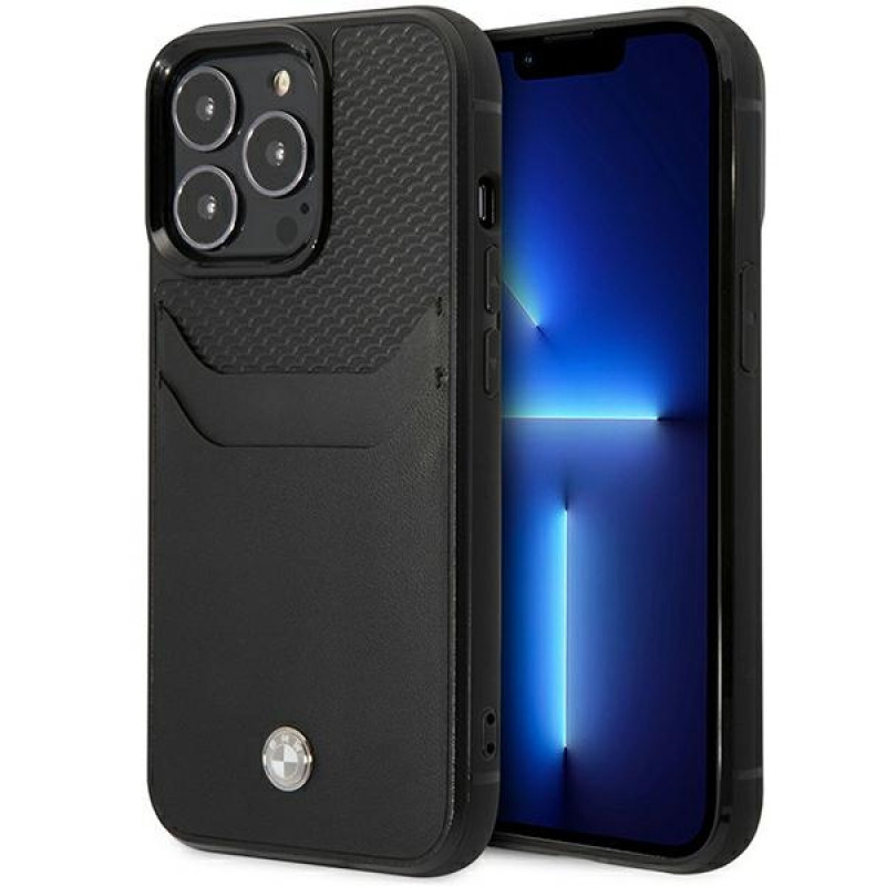 BMW BMHCP14L22RSEPK capa para iPhone 14 Pro, preta, Leather Card Slot