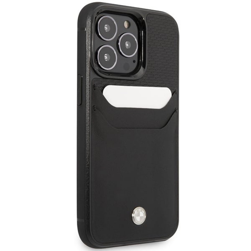 BMW BMHCP14L22RSEPK capa para iPhone 14 Pro, preta, Leather Card Slot
