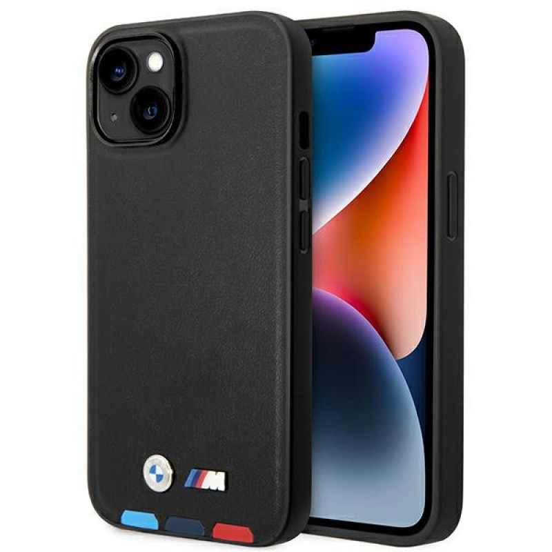 BMW BMHCP14M22PTDK capa para iPhone 14 Plus, preta, Leather Stamp Tricolor