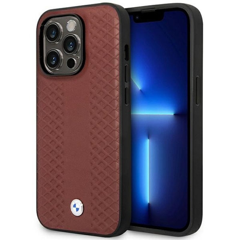 BMW BMHMP14X22RFGR Leather Diamond Pattern MagSafe capa para Apple iPhone 14 Pro Max 6,7″, bordô