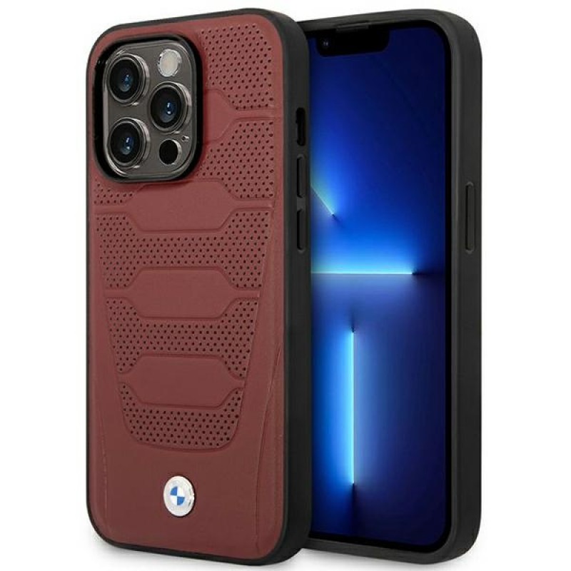 BMW BMHMP14L22RPSR Leather Seats Pattern MagSafe capa para Apple iPhone 14 Pro 6,1″, bordô