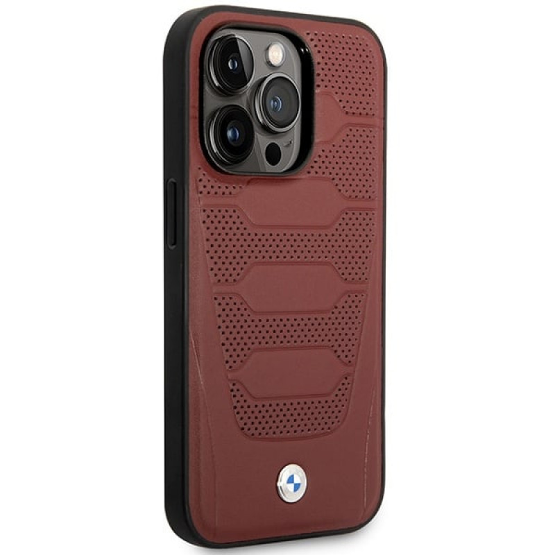 BMW BMHMP14X22RPSR Leather Seats Pattern MagSafe capa para Apple iPhone 14 Pro Max 6,7″, bordô