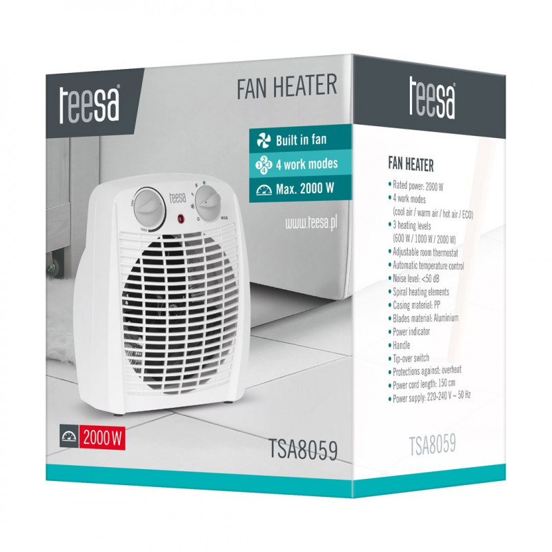 Teesa TSA8059 aquecedor com ventoinha, 0,8/1,2/2 kW, branco