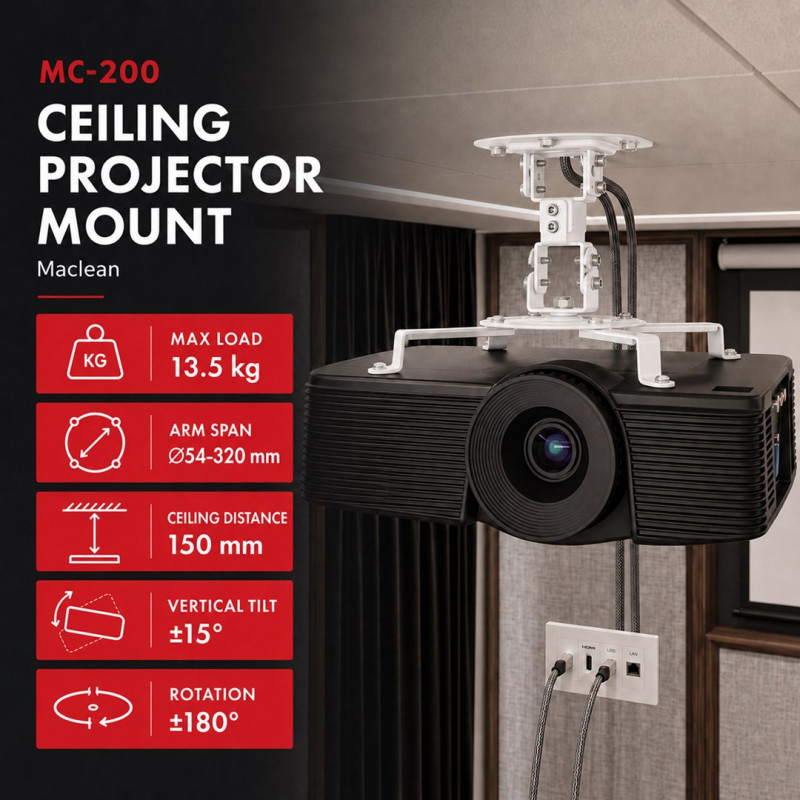 Maclean MC-200 W suporte de teto para projetores, aço, 54–320 mm, até 13,5 kg, branco