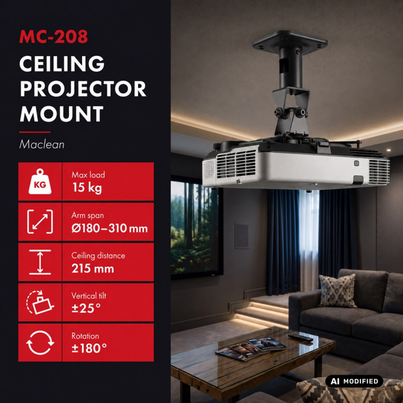Maclean MC-208 B suporte de teto para projetores, aço, 180–310 mm, até 15 kg, preto