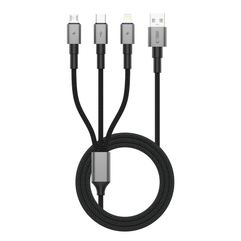 Tech-Protect UltraBoost DNA cabo 3 em 1 de USB-A para Lightning / USB-C / Micro-USB, 3 A, 120 cm, cinzento ferro
