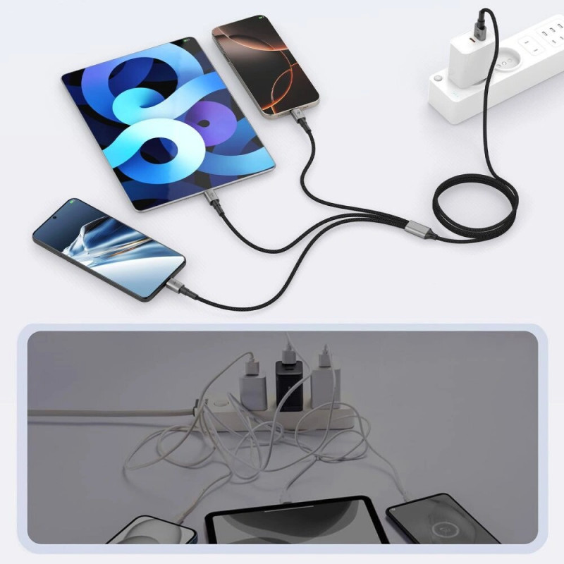 Tech-Protect UltraBoost DNA cabo 3 em 1 de USB-A para Lightning / USB-C / Micro-USB, 3 A, 120 cm, cinzento ferro