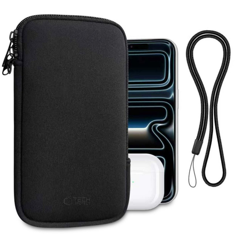 Tech-Protect SM70 bolsa universal para telemóvel, 6,0-7,2 polegadas, neopreno, com correia de pescoço, preta