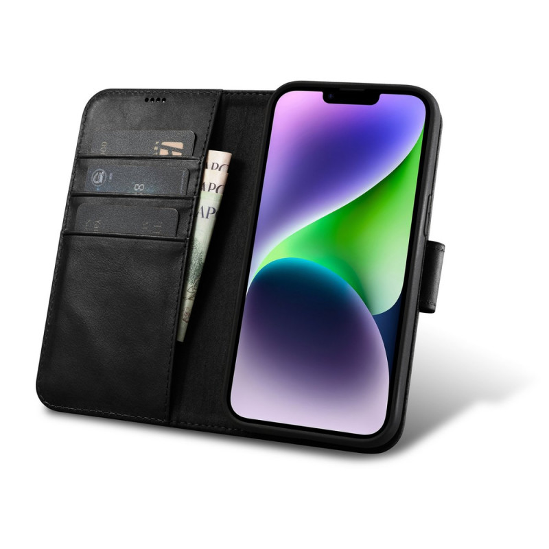 iCarer Oil Wax Wallet Case 2in1 capa de pele com tampa para iPhone 14 Plus, Anti-RFID, preta (WMI14220723-BK)