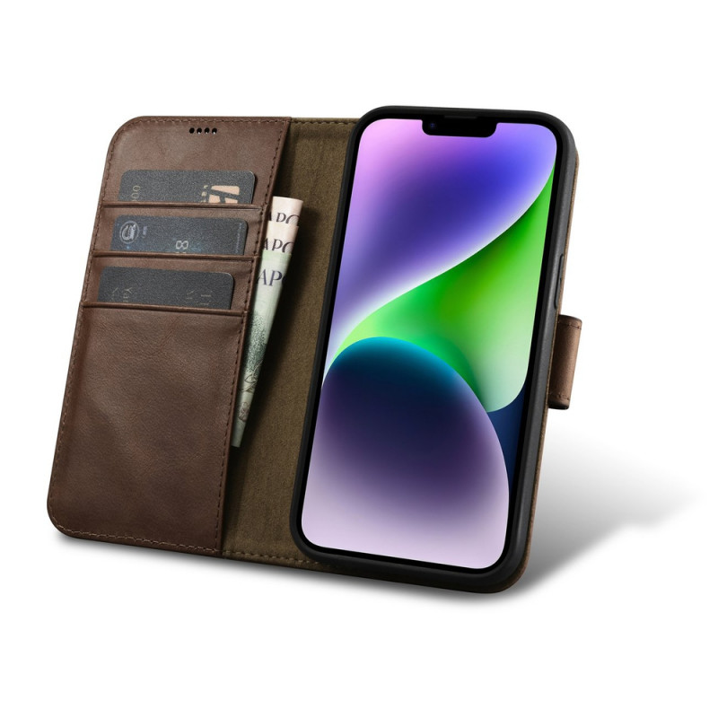 iCarer Oil Wax Wallet Case 2in1 capa de pele com tampa para iPhone 14 Plus, Anti-RFID, castanha (WMI14220723-BN)