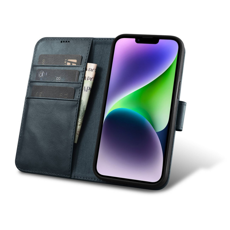 iCarer Oil Wax Wallet Case 2in1 capa de pele com tampa para iPhone 14 Plus, Anti-RFID, azul (WMI14220723-BU)