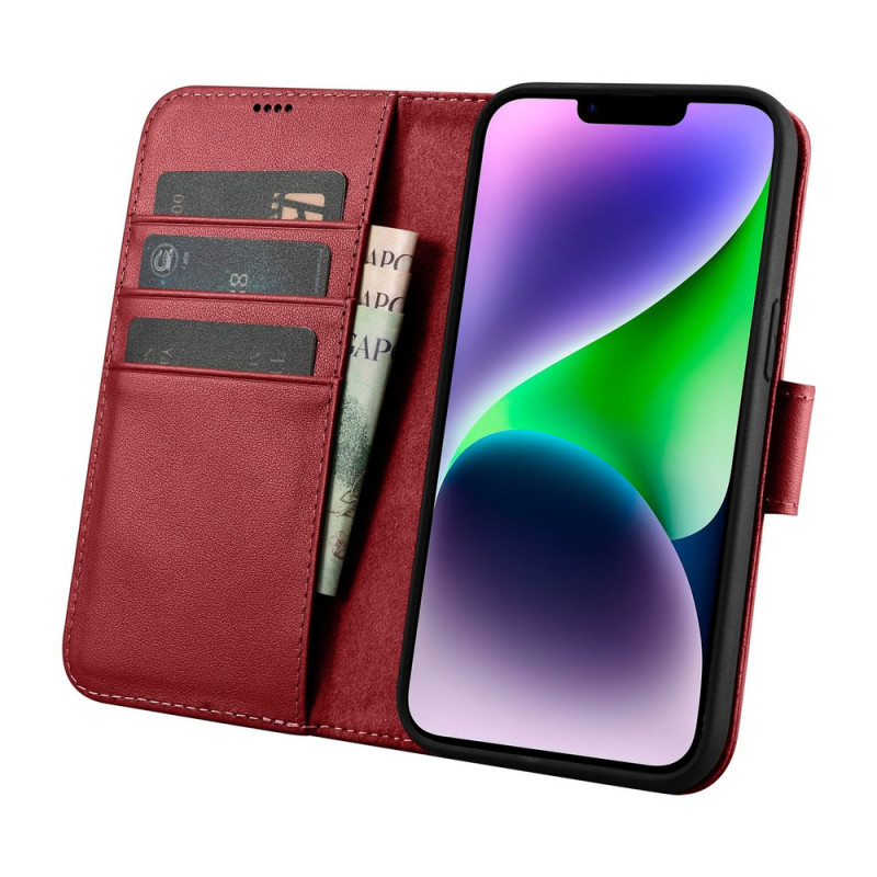 iCarer Wallet Case 2in1 capa de pele com tampa para iPhone 14 Plus, Anti-RFID, vermelha (WMI14220727-RD)