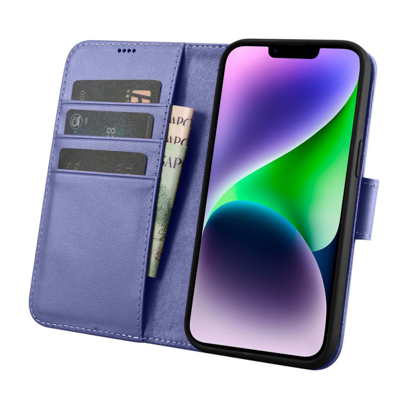 iCarer Wallet Case 2in1 capa de pele com tampa para iPhone 14 Plus, Anti-RFID, roxa clara (WMI14220727-LP)
