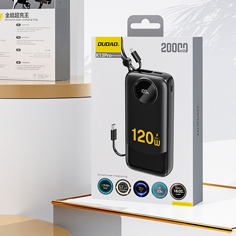 Power bank Dudao K13 de 10000 mAh com cabo integrado, preto