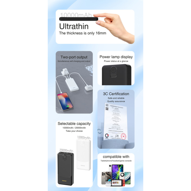 Power bank Dudao K10 de 10000 mAh, 2 x USB-A, 2,4 A, branco